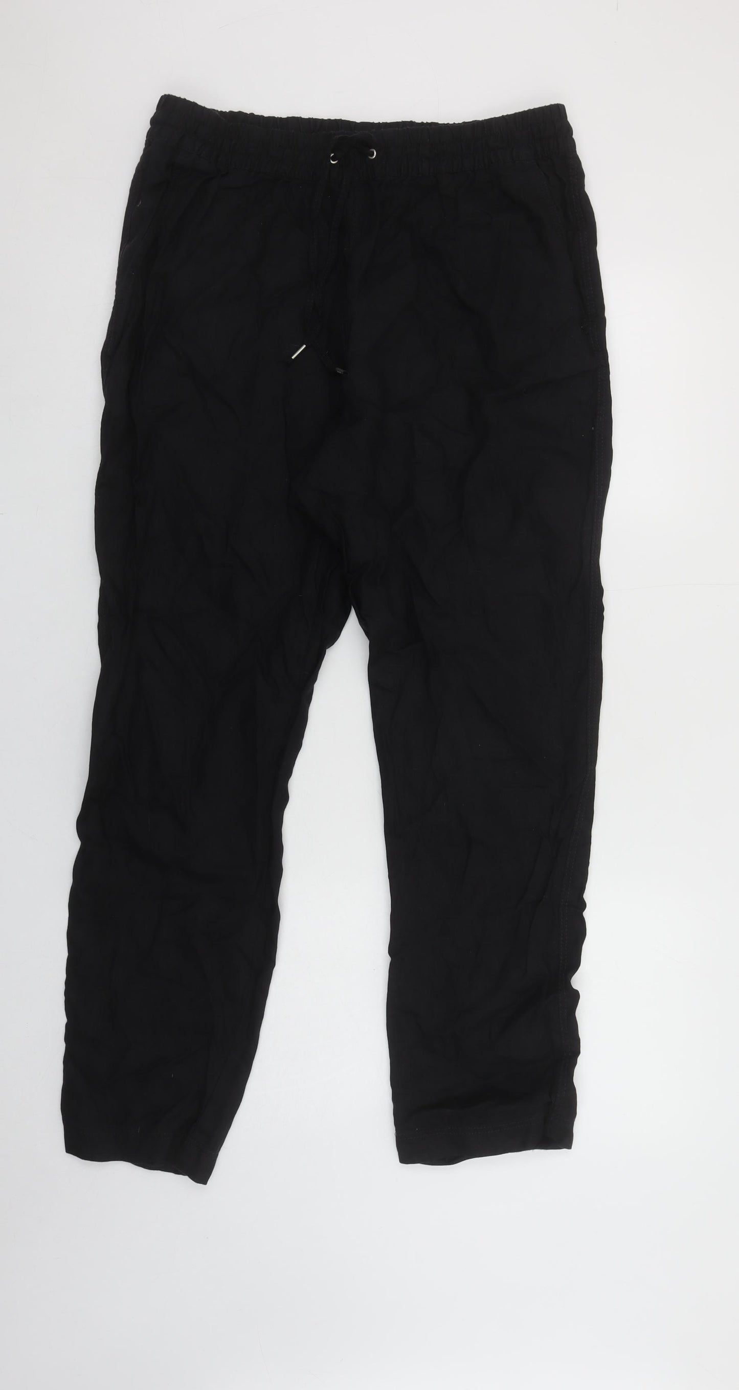 H&M Women’s Black Linen Cropped Trousers M Elastic Waist Casual Summer