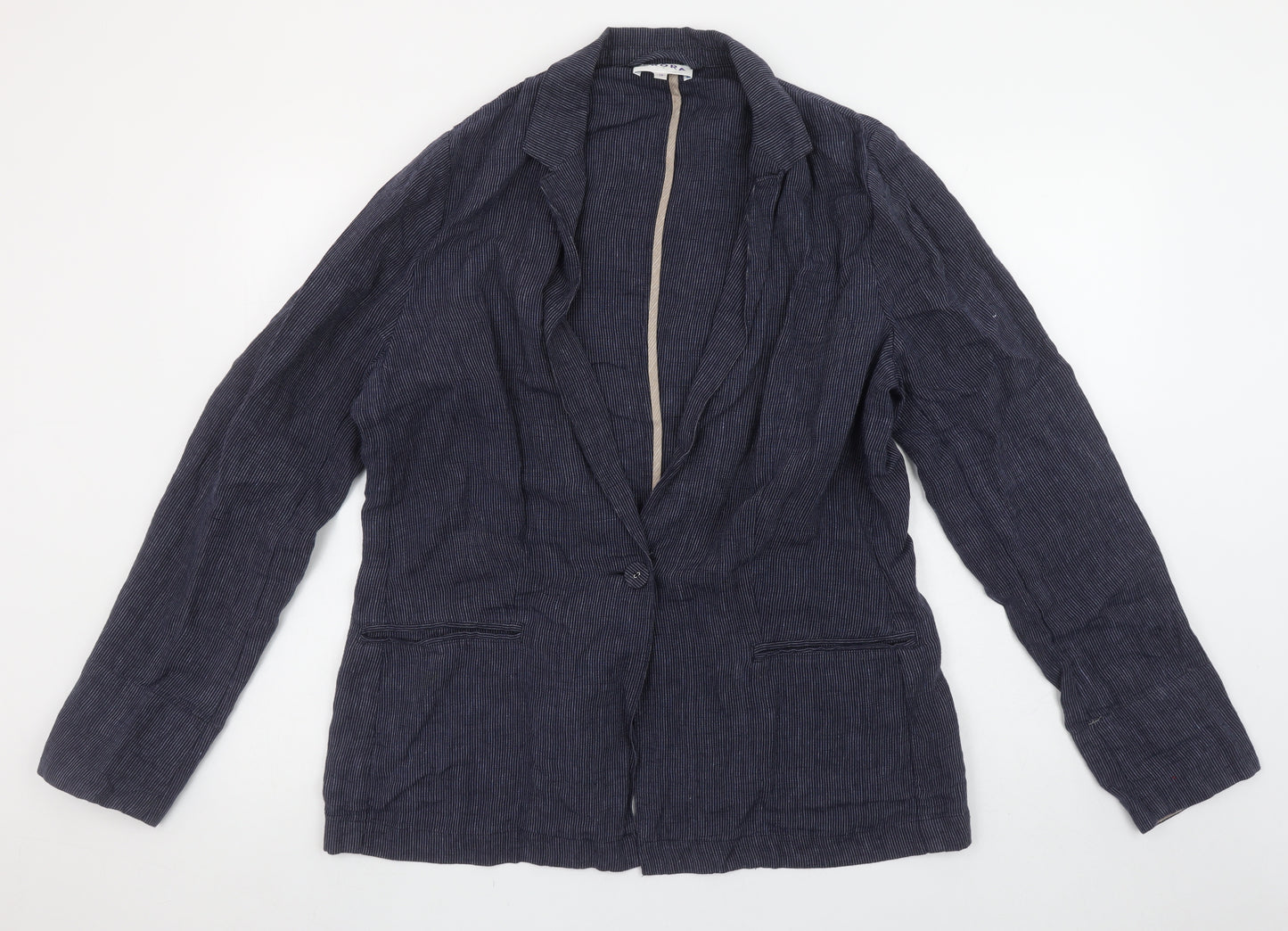 Brora Women’s Blue Linen Pinstripe Single-Breasted Blazer Size 16