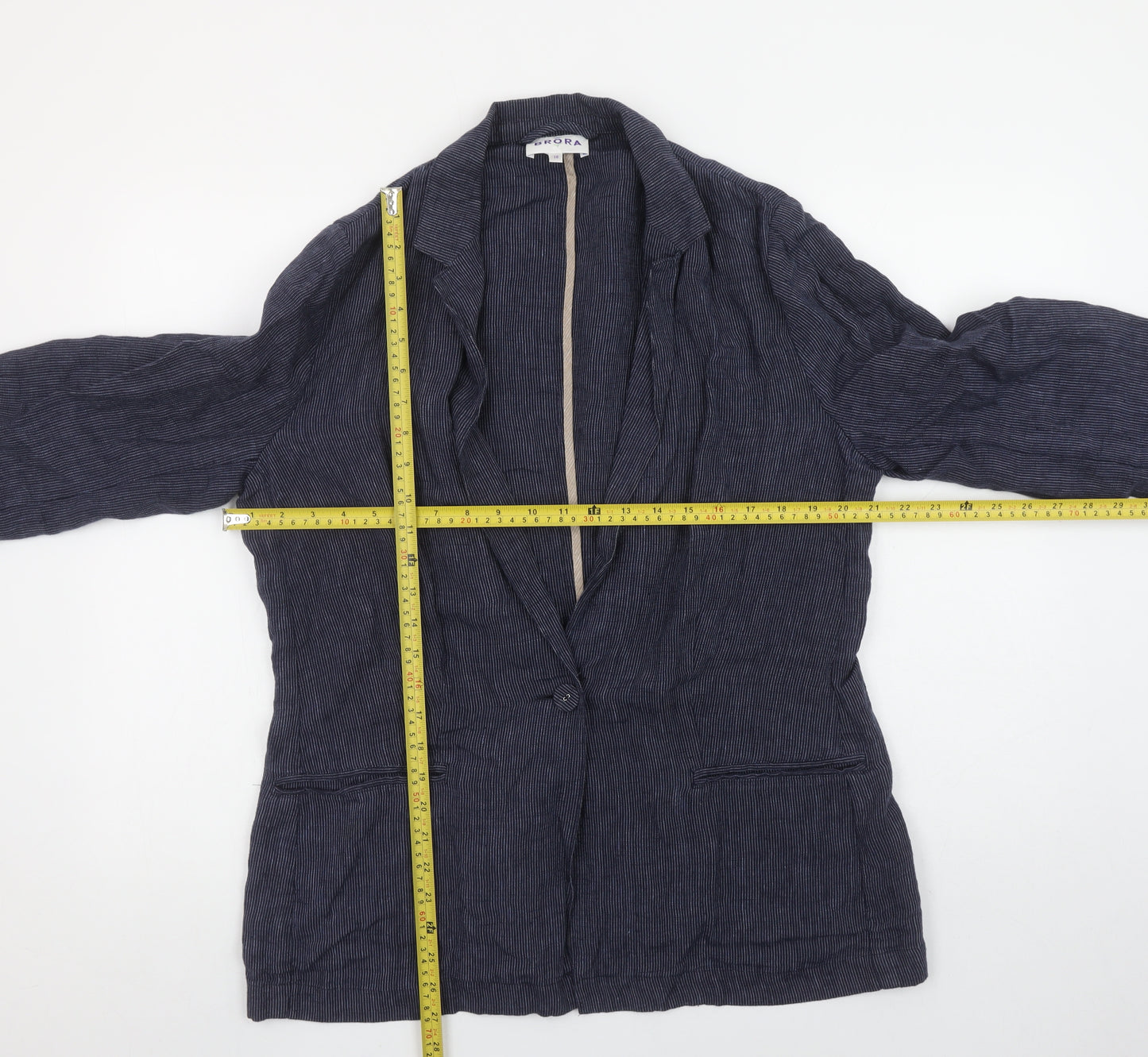 Brora Women’s Blue Linen Pinstripe Single-Breasted Blazer Size 16