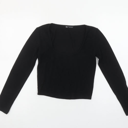 Zara Women Black Long Sleeve Scoop Neck Cropped Knit Top Size 12