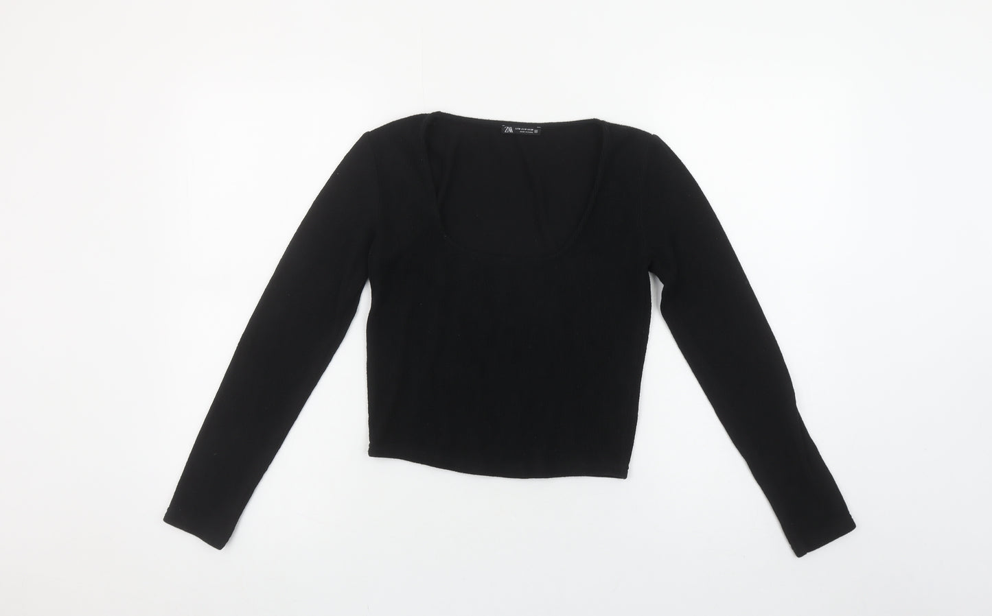 Zara Women Black Long Sleeve Scoop Neck Cropped Knit Top Size 12
