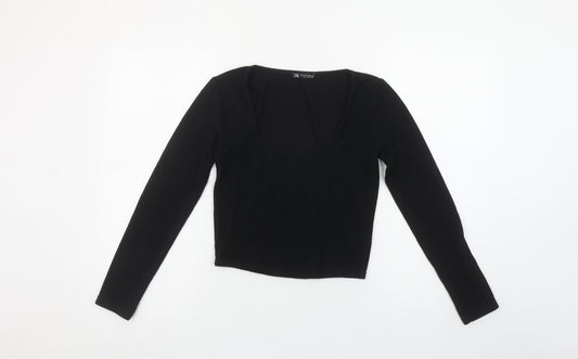 Zara Women Black Long Sleeve Scoop Neck Cropped Knit Top Size 12