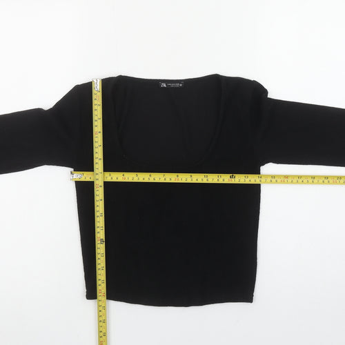 Zara Women Black Long Sleeve Scoop Neck Cropped Knit Top Size 12