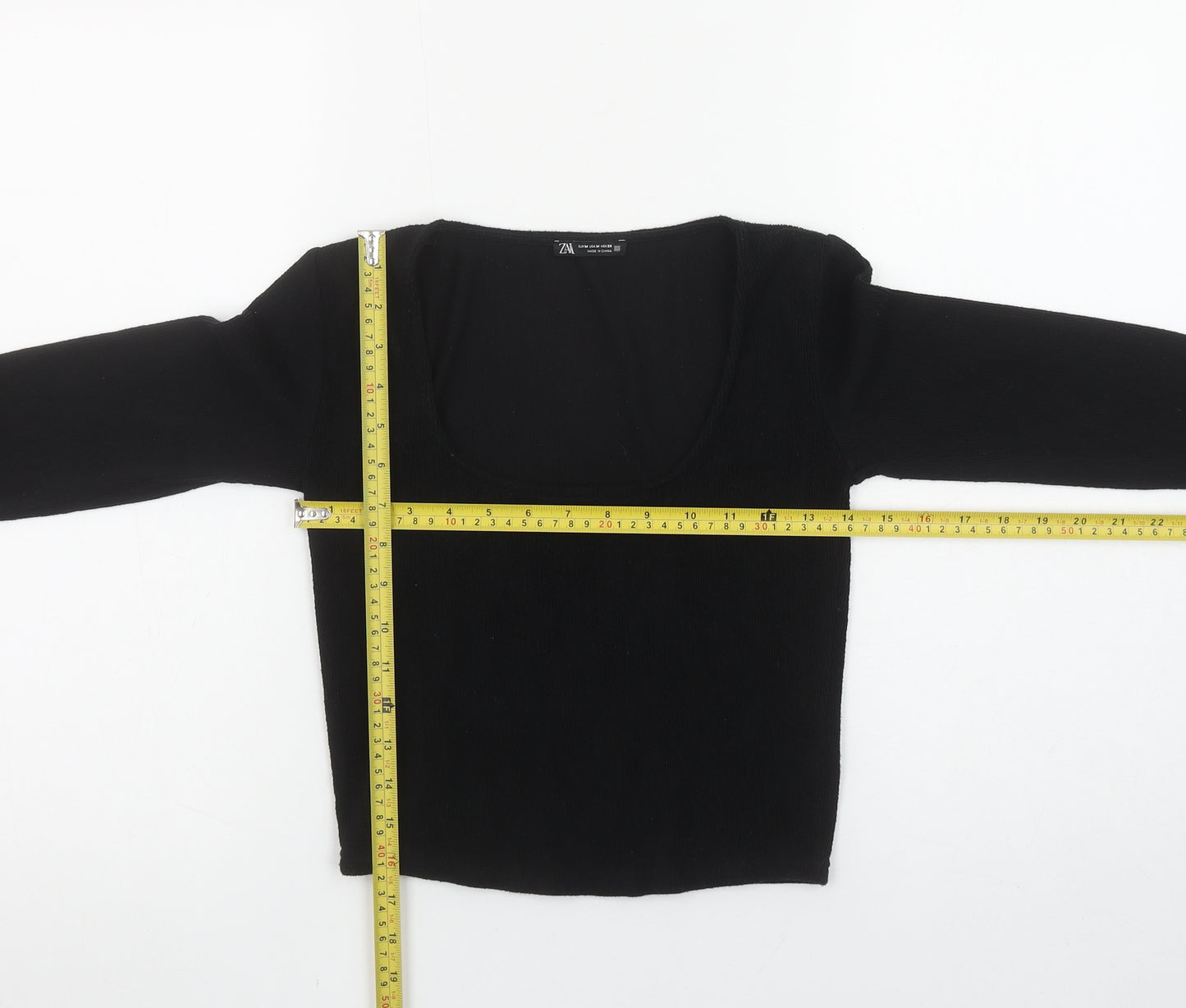 Zara Women Black Long Sleeve Scoop Neck Cropped Knit Top Size 12