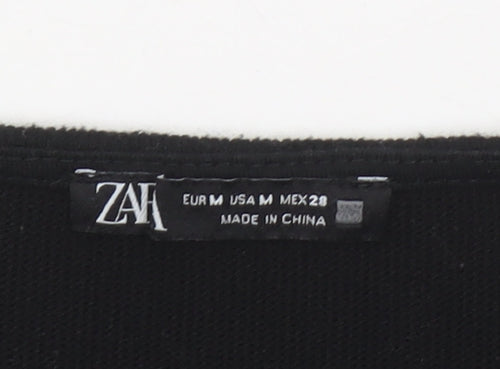 Zara Women Black Long Sleeve Scoop Neck Cropped Knit Top Size 12