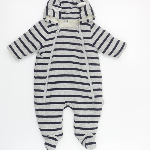 GAP Unisex Baby Grey Striped Hooded Snowsuit 0-3 Months Cotton Lined Zip Footed