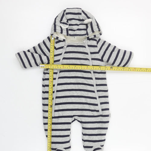 GAP Unisex Baby Grey Striped Hooded Snowsuit 0-3 Months Cotton Lined Zip Footed
