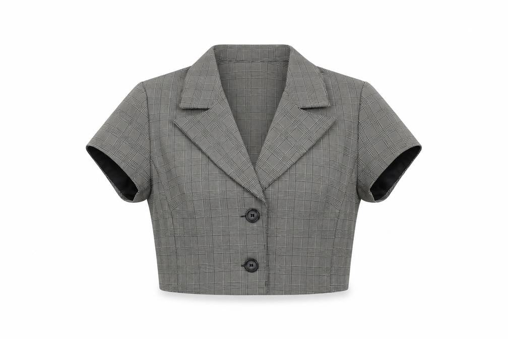 Front view of Karin Stevens Women's Grey Check Cropped Short Sleeve Suit Jacket, size 10