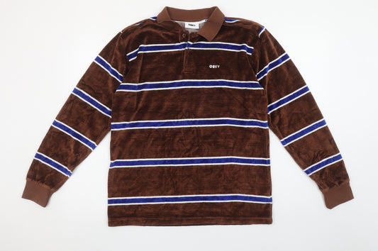 Obey Men’s Brown Striped Velour Long Sleeve Polo Shirt Size S
