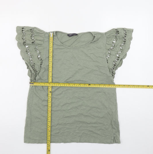 Marks and Spencer Women's Green Embroidered Flutter Sleeve Cotton T-Shirt Size 12