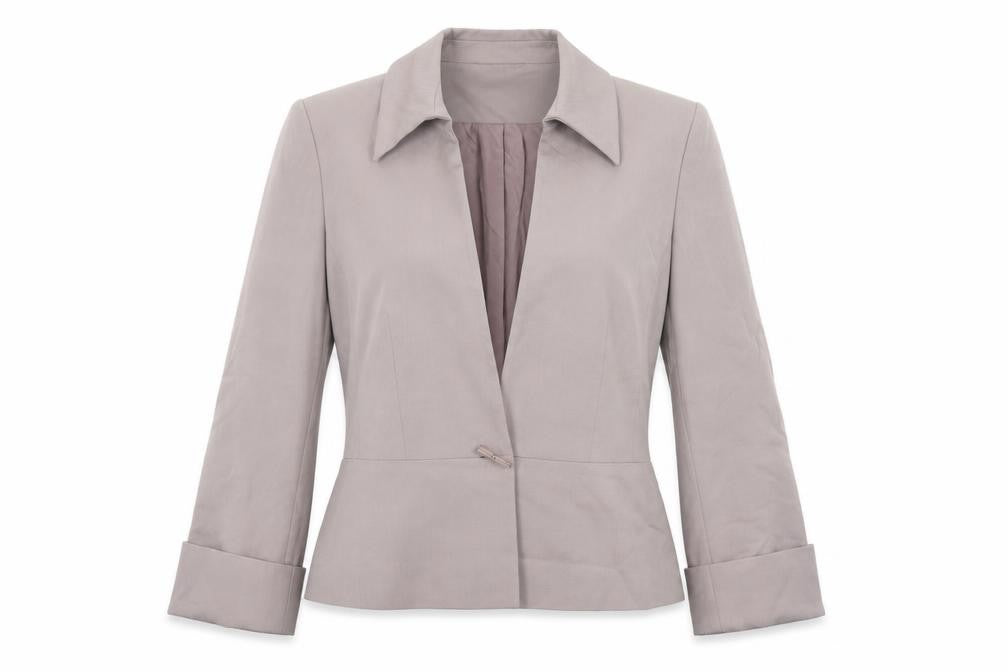 Front view of Principles Collection women’s beige single-breasted suit jacket, size UK 12