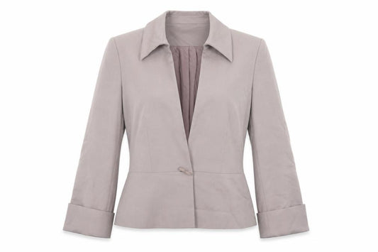 Front view of Principles Collection women’s beige single-breasted suit jacket, size UK 12