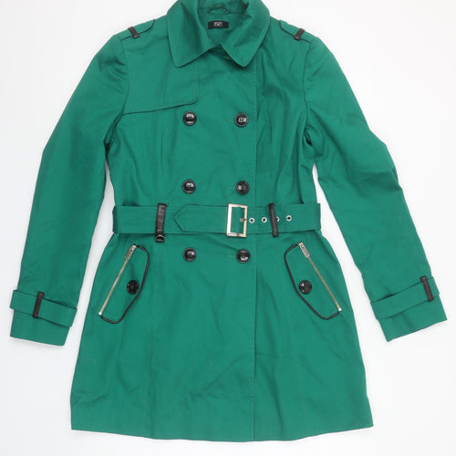 F&F Women’s Green Trench Coat Size 8 Belted Mid-Length Classic Style
