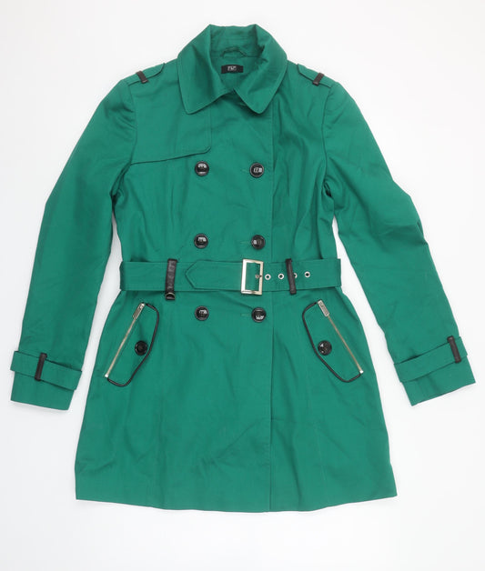 F&F Women’s Green Trench Coat Size 8 Belted Mid-Length Classic Style
