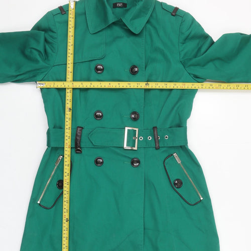 F&F Women’s Green Trench Coat Size 8 Belted Mid-Length Classic Style