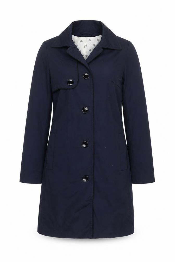 Front view of H&M Women's Blue Mid-Length Trench Coat, size 8, Classic Style