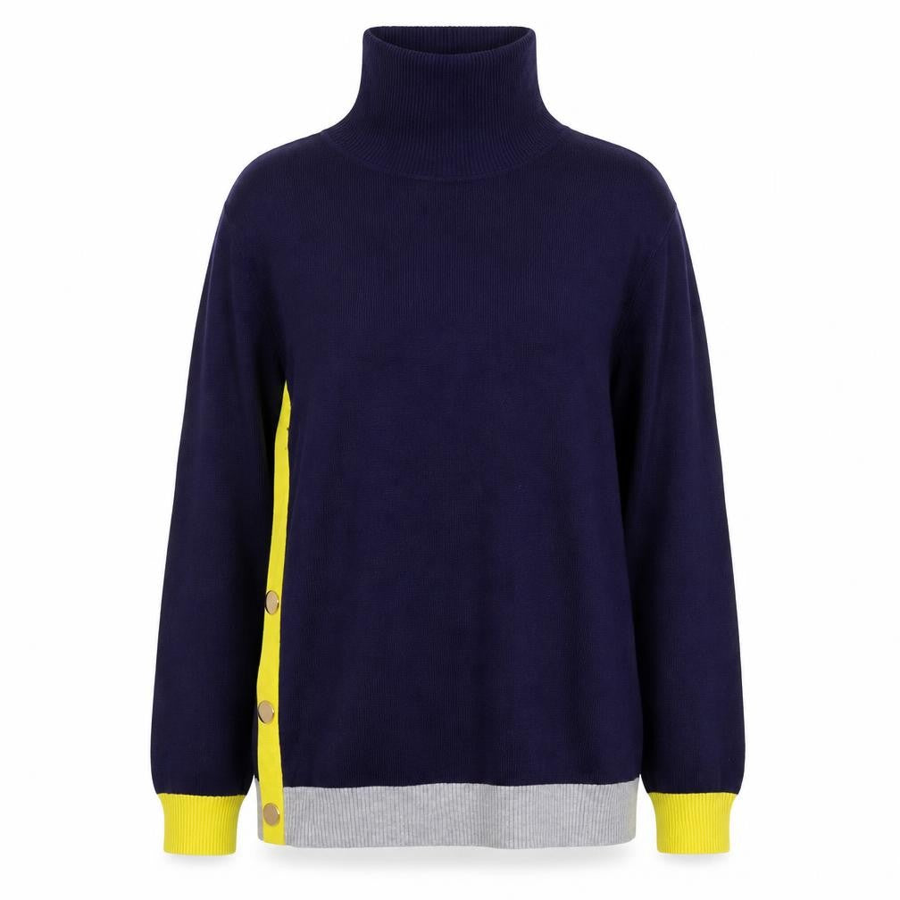 Front view of Mitzy Women's Navy Roll Neck Button Side Jumper Sweater L
