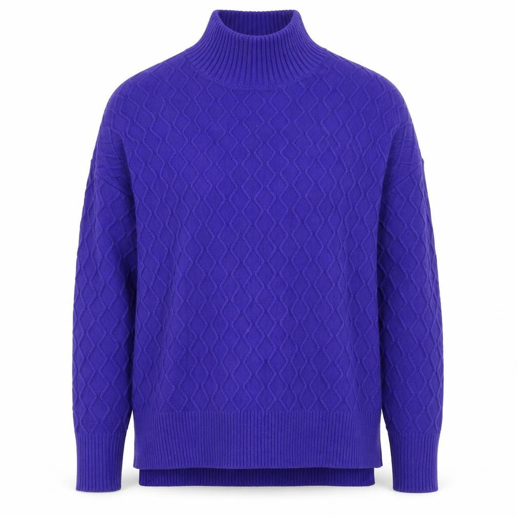 Front view of Cyrus Women’s Blue Mock Neck Pullover Sweater, size S, Rayon Blend