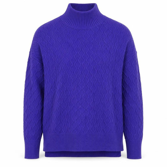 Front view of Cyrus Women’s Blue Mock Neck Pullover Sweater, size S, Rayon Blend