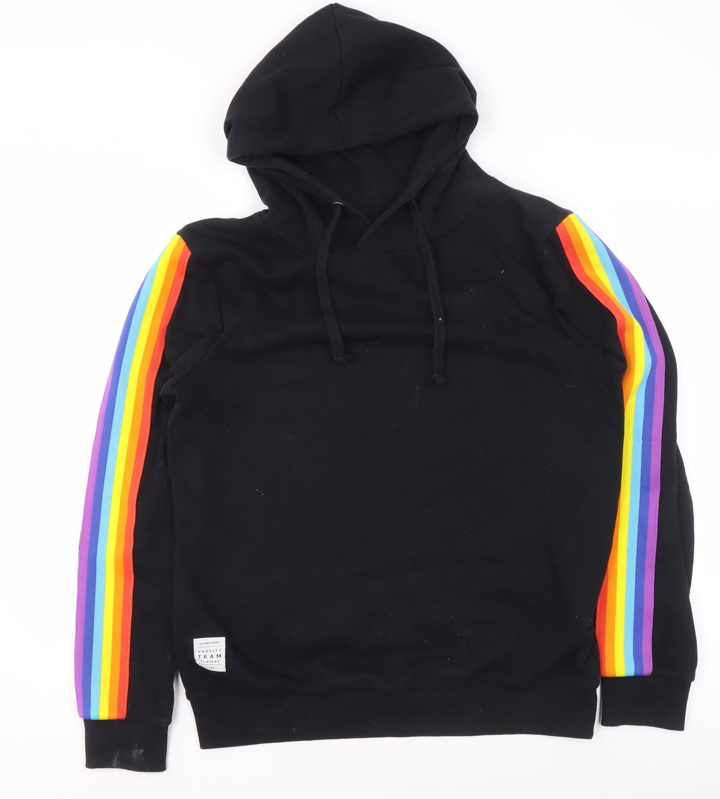 Varsity Team Players Black Rainbow Stripe Hoodie Women M Cotton Blend