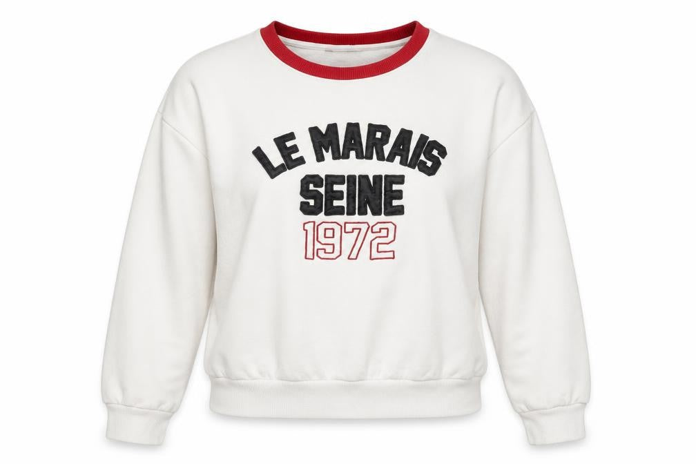 Front view of River Island Women White Red Crew Neck Pullover Sweatshirt, size M