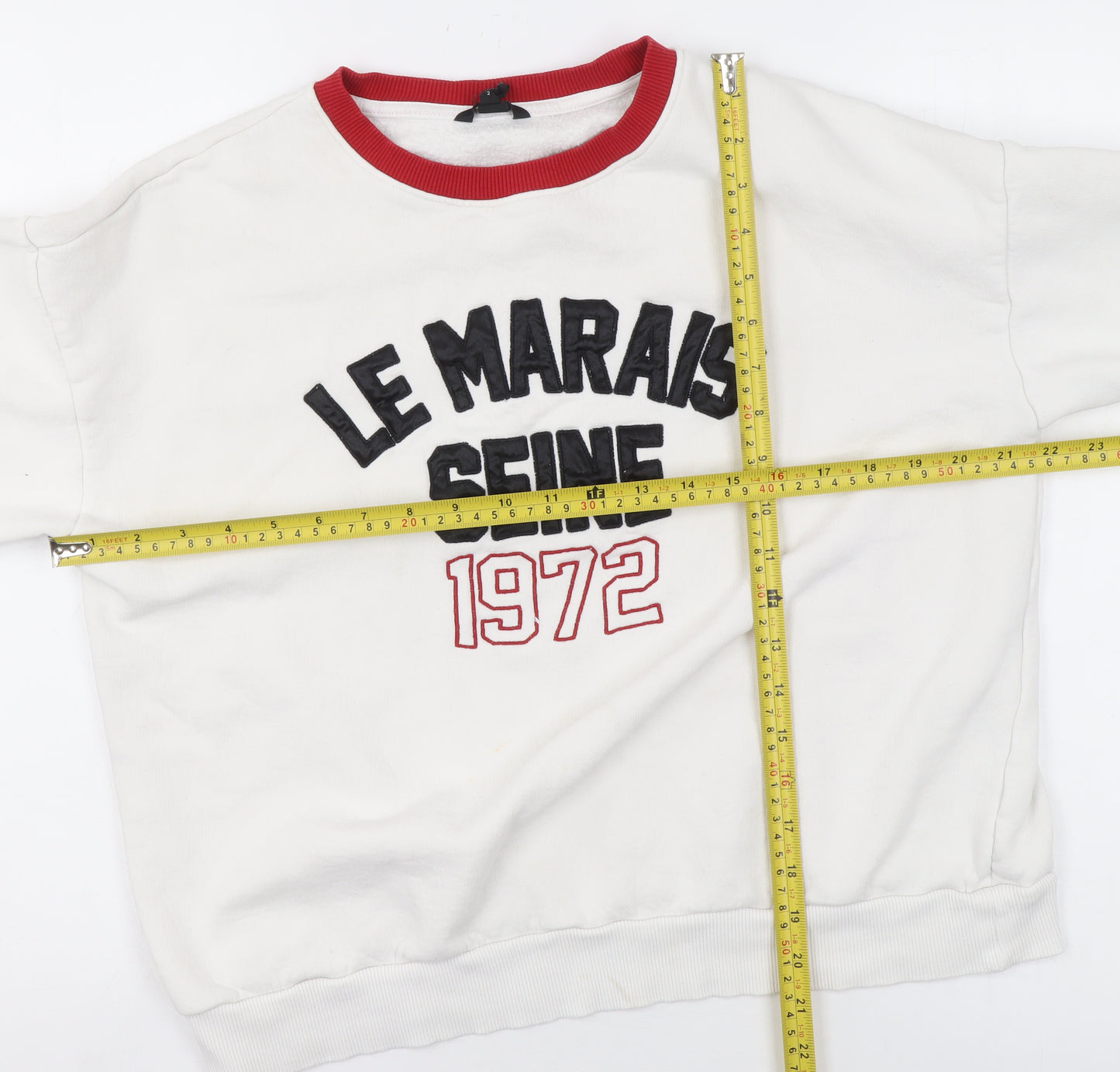 River Island Women White Red Crew Neck Pullover Sweatshirt Size M