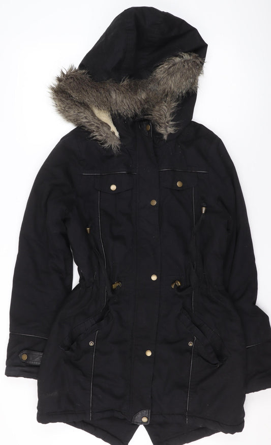 Brave Soul Women's Black Faux Fur Hooded Parka Coat Size 10