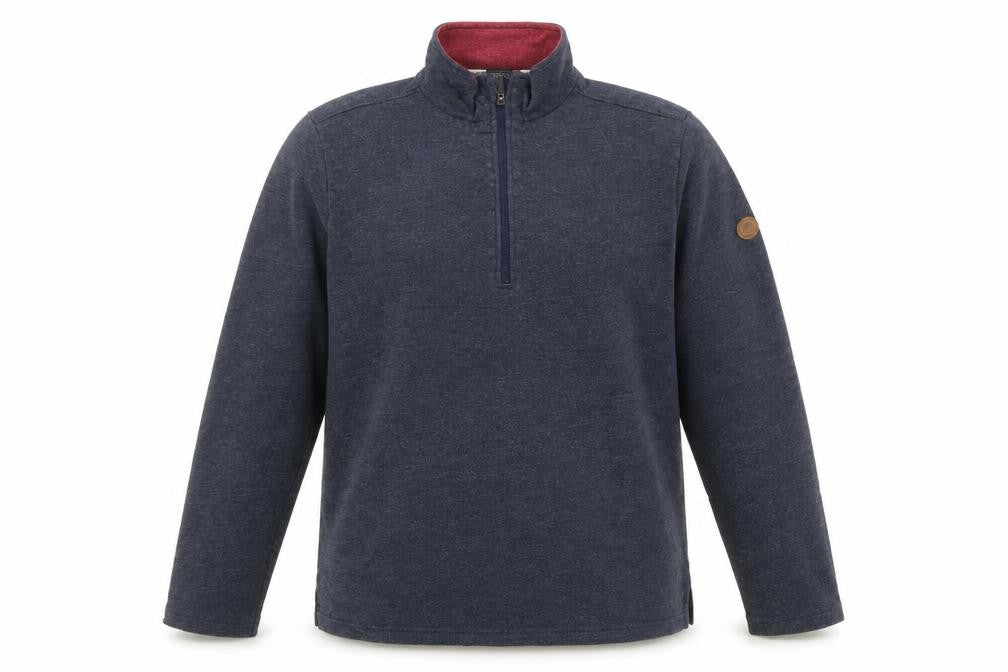 Front view of Trespass men’s blue 1/4 zip fleece sweatshirt, size L, outdoor pullover