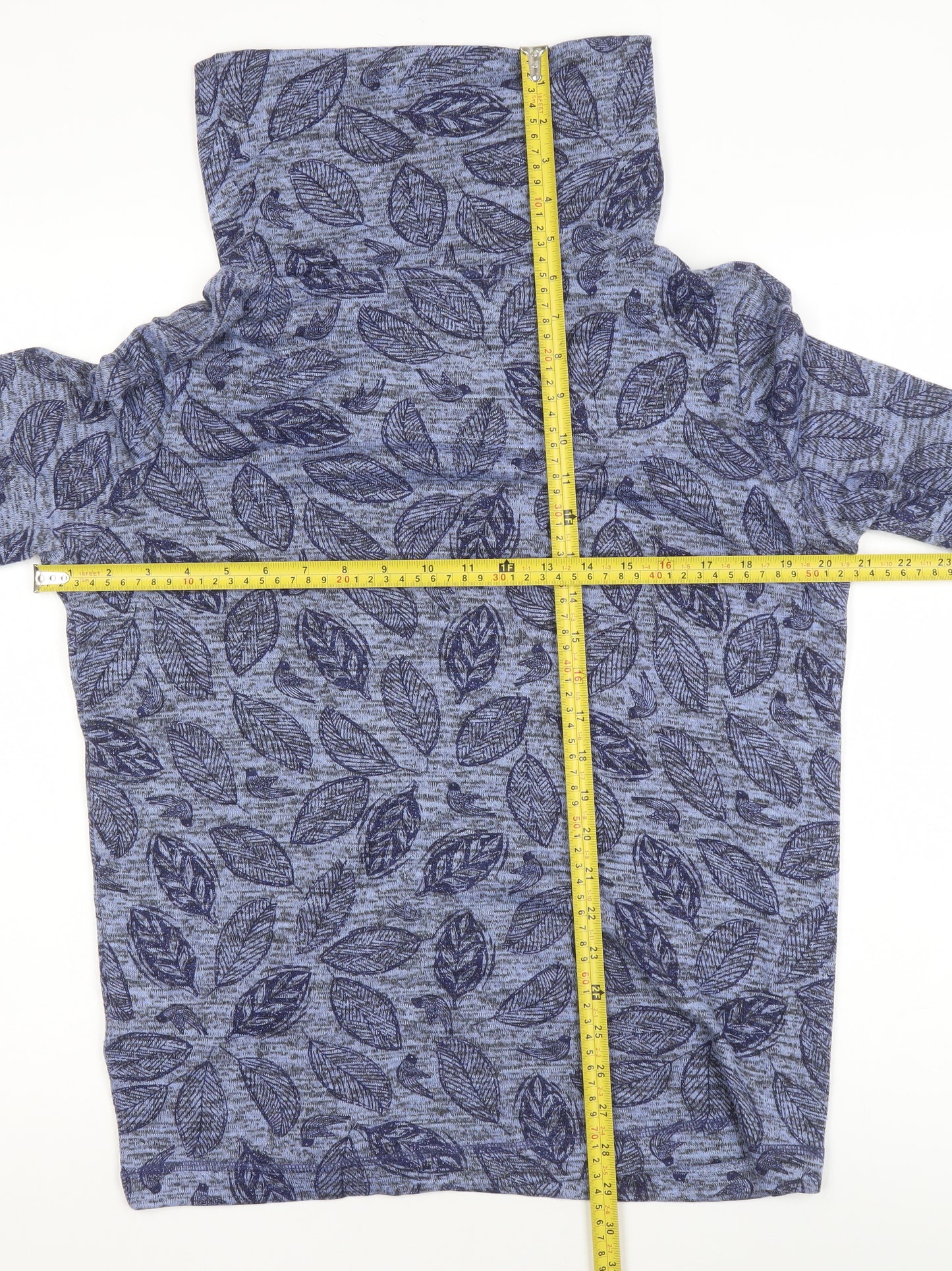 Country Rose Women's Blue Roll Neck Leaf Print Long Sleeve Top Size S