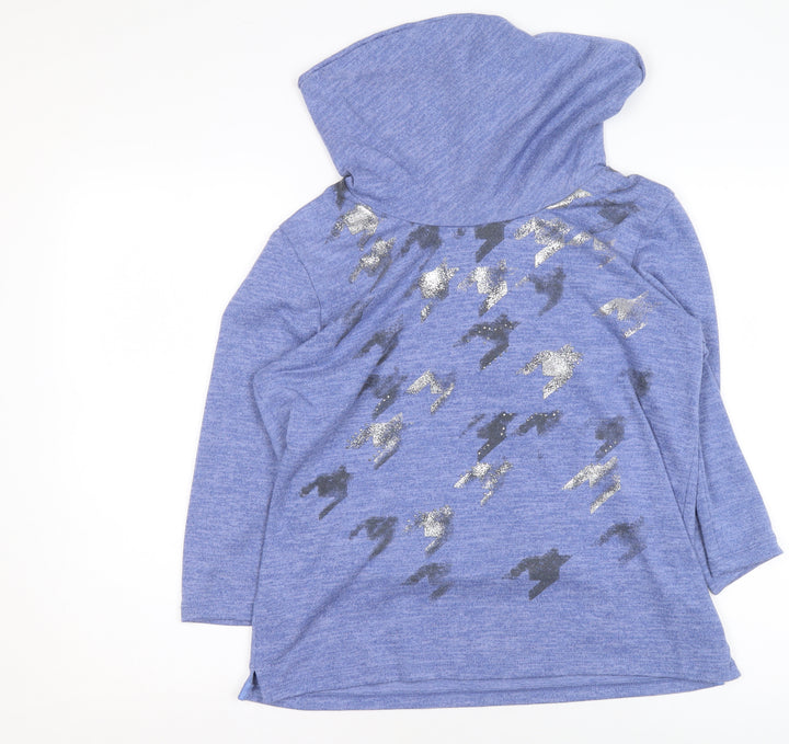 Tigi Womens Blue Glitter Print Hooded Pullover Sweatshirt Size 14/16