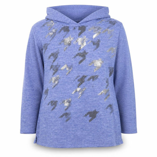 Front view of TIGI women’s blue glitter print hooded pullover sweatshirt, size UK 14/16