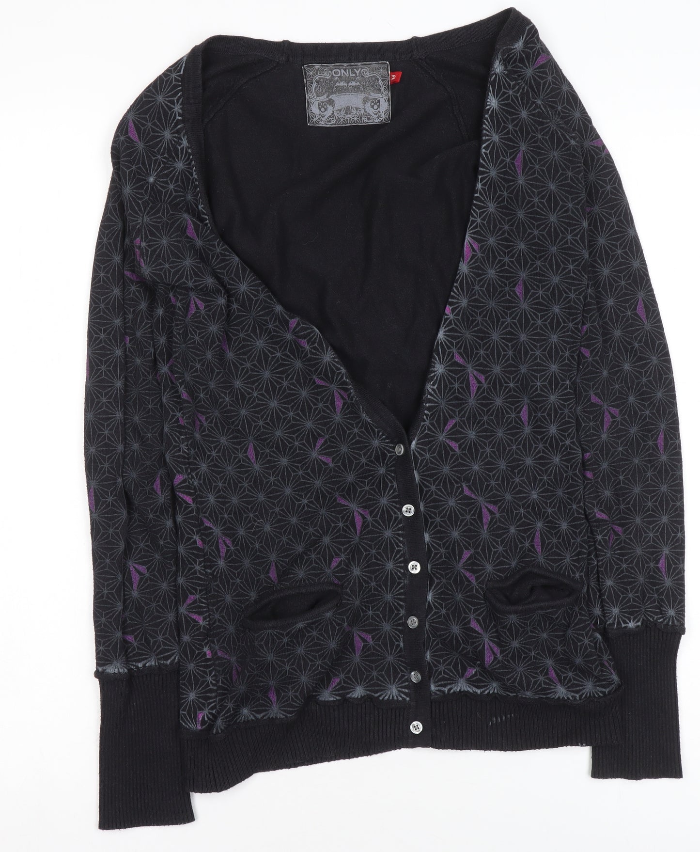 ONLY Women's Black Geometric Cardigan M V-Neck Button Front Knitwear