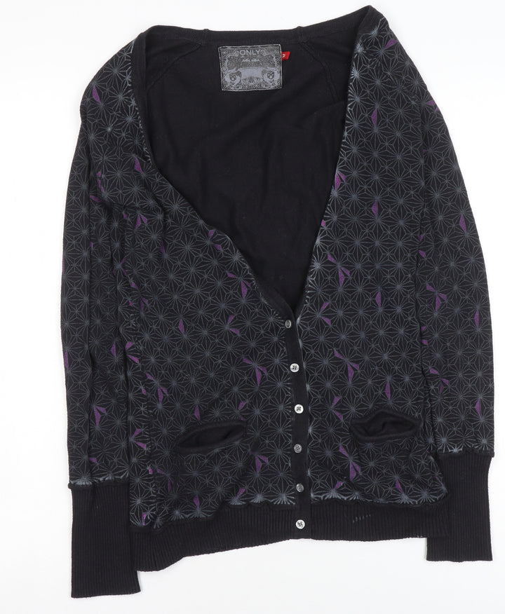 ONLY Women's Black Geometric Cardigan M V-Neck Button Front Knitwear