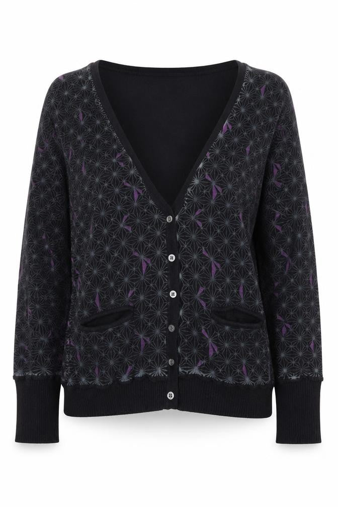 Front view of Only Women's Black Geometric Cardigan M V-Neck Button Front Knitwear