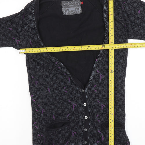ONLY Women's Black Geometric Cardigan M V-Neck Button Front Knitwear