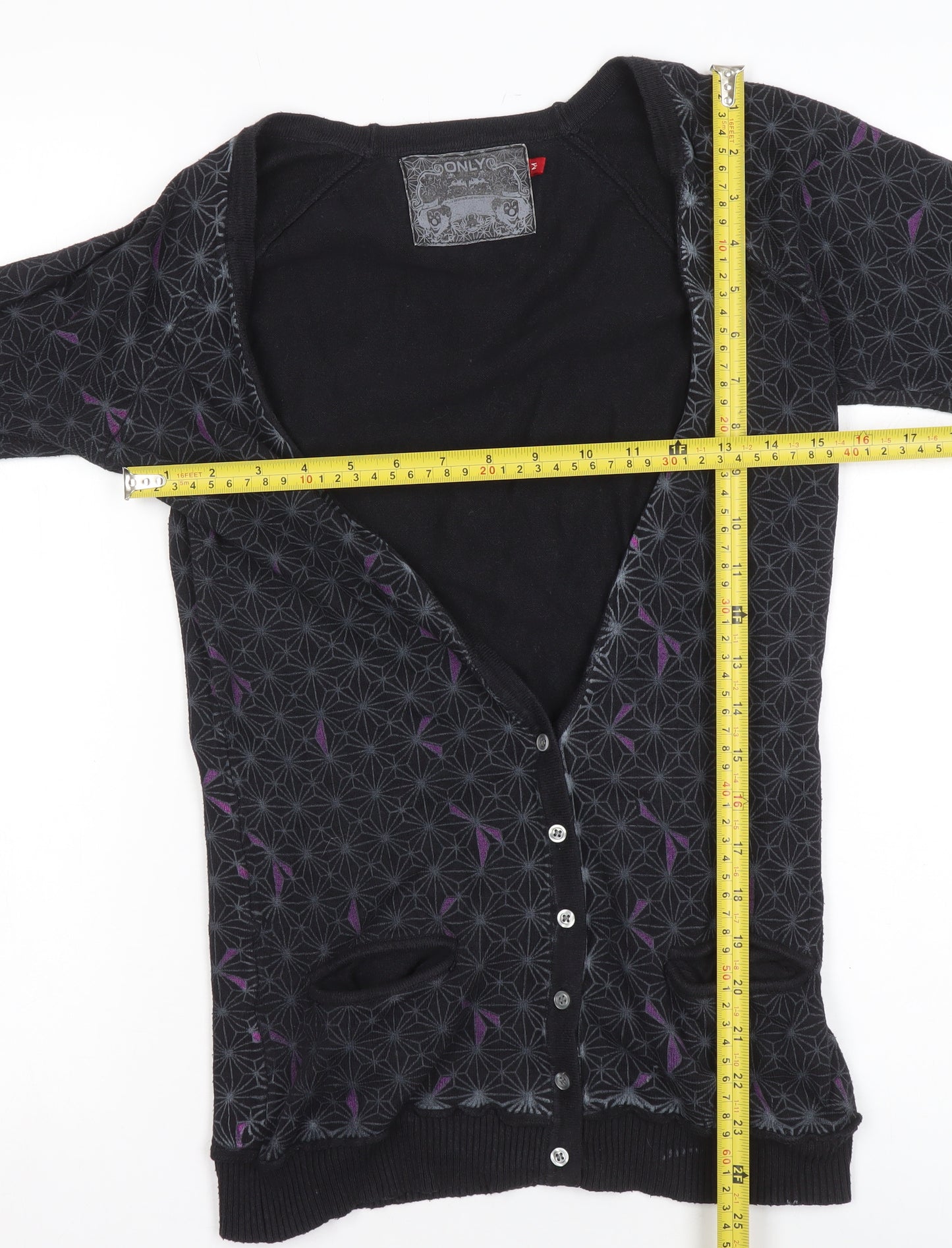 ONLY Women's Black Geometric Cardigan M V-Neck Button Front Knitwear
