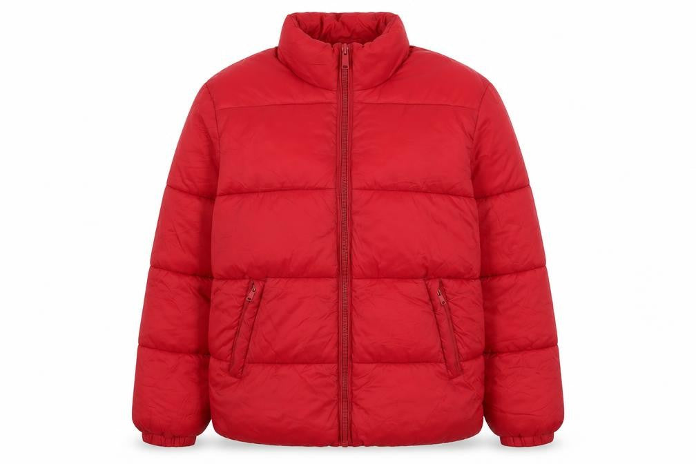 Front view of Skøvde Women's Red Puffer Jacket L Winter Quilted Zip Coat