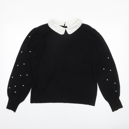 Siorvi Milano Women's Black Collared Beaded Sleeve Pullover Jumper Size L