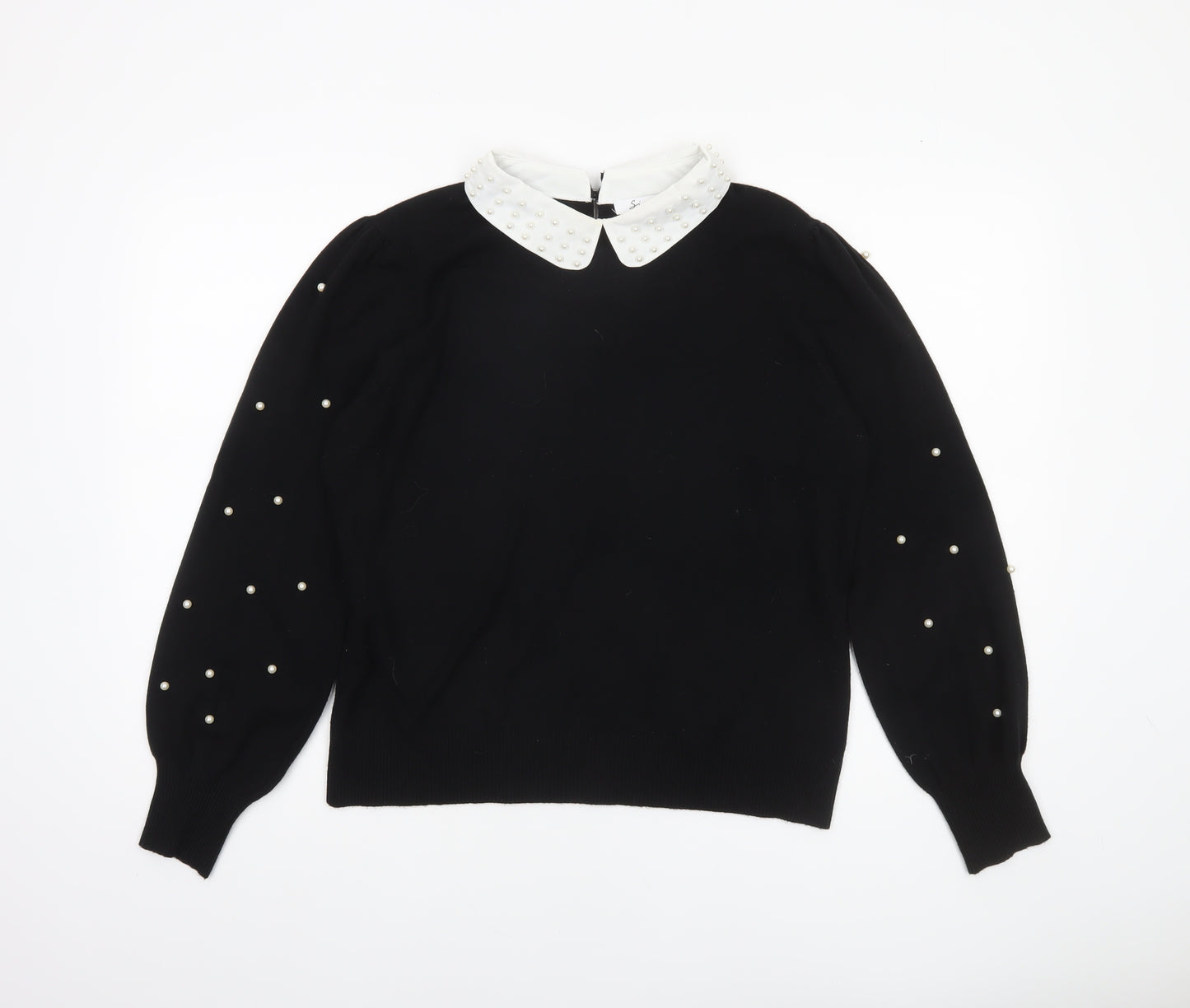 Siorvi Milano Women's Black Collared Beaded Sleeve Pullover Jumper Size L