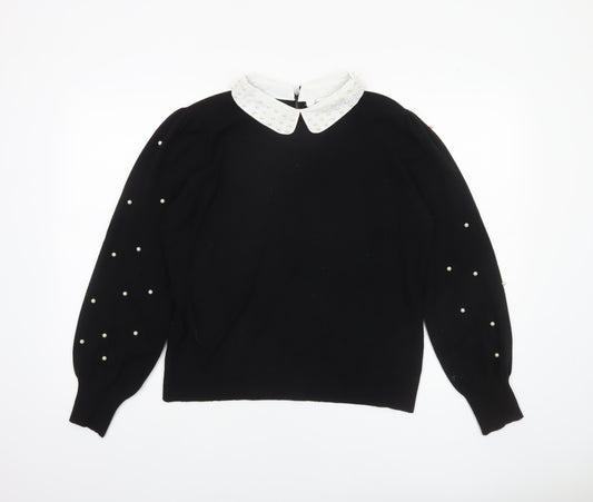 Siorvi Milano Women's Black Collared Beaded Sleeve Pullover Jumper Size L