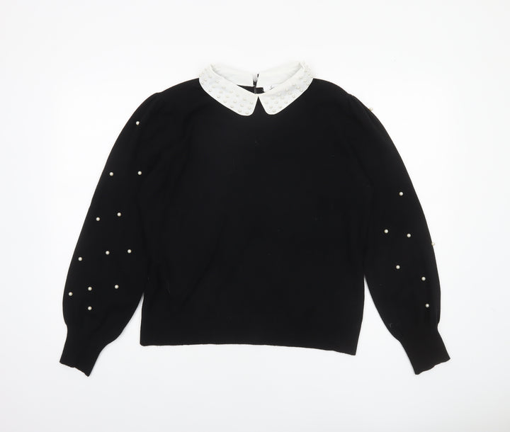 Siorvi Milano Women's Black Collared Beaded Sleeve Pullover Jumper Size L