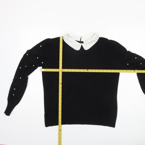 Siorvi Milano Women's Black Collared Beaded Sleeve Pullover Jumper Size L
