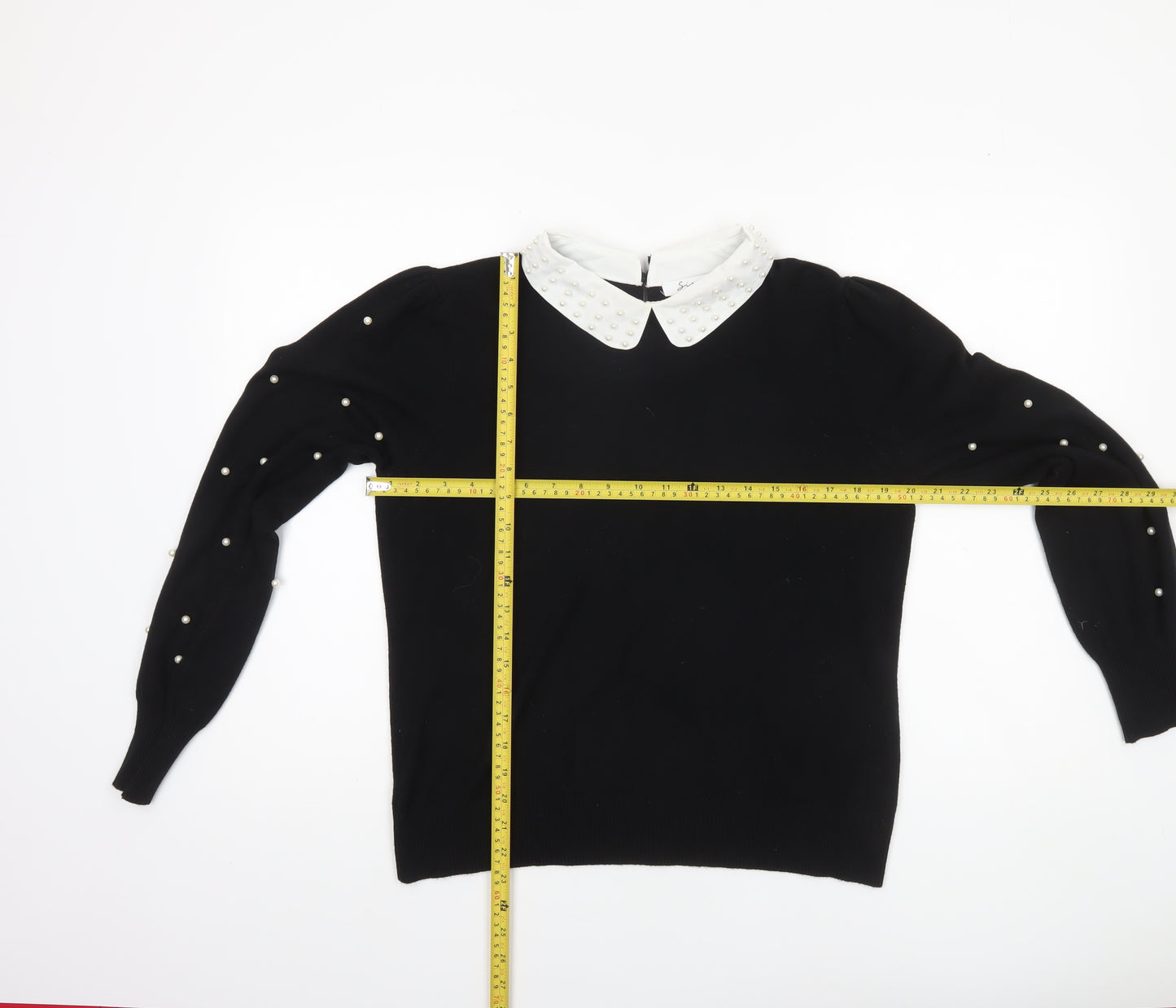 Siorvi Milano Women's Black Collared Beaded Sleeve Pullover Jumper Size L