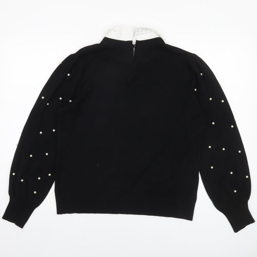 Siorvi Milano Women's Black Collared Beaded Sleeve Pullover Jumper Size L
