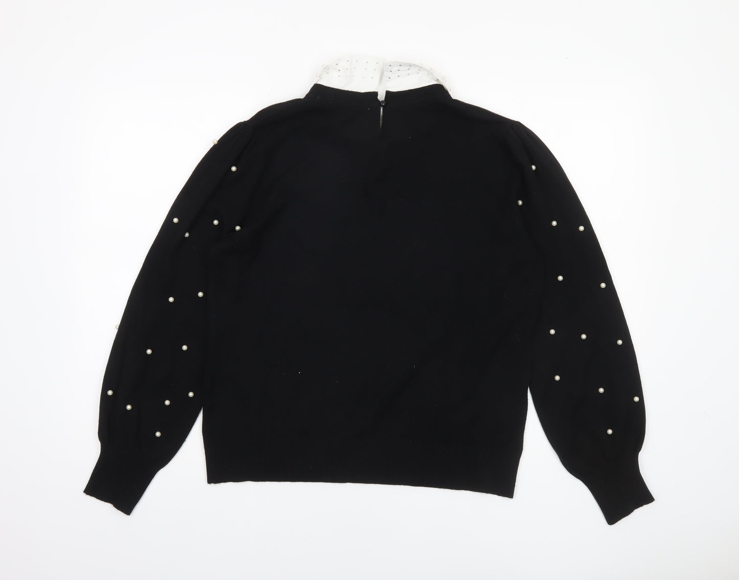Siorvi Milano Women's Black Collared Beaded Sleeve Pullover Jumper Size L