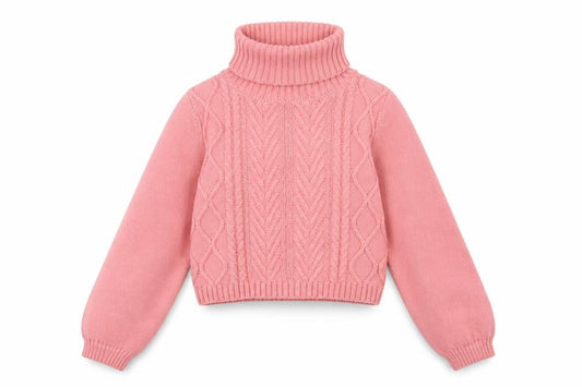 Front view of Tahari girls’ pink roll neck cable knit jumper 5-6 years cotton blend