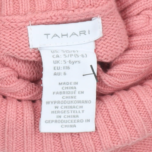 Tahari Girls Pink Roll Neck Cable Knit Pullover Jumper 5-6 Years Cotton Blend