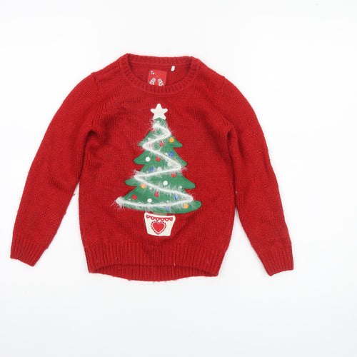Tu Girls Red Christmas Tree Jumper 6 Years Acrylic Blend