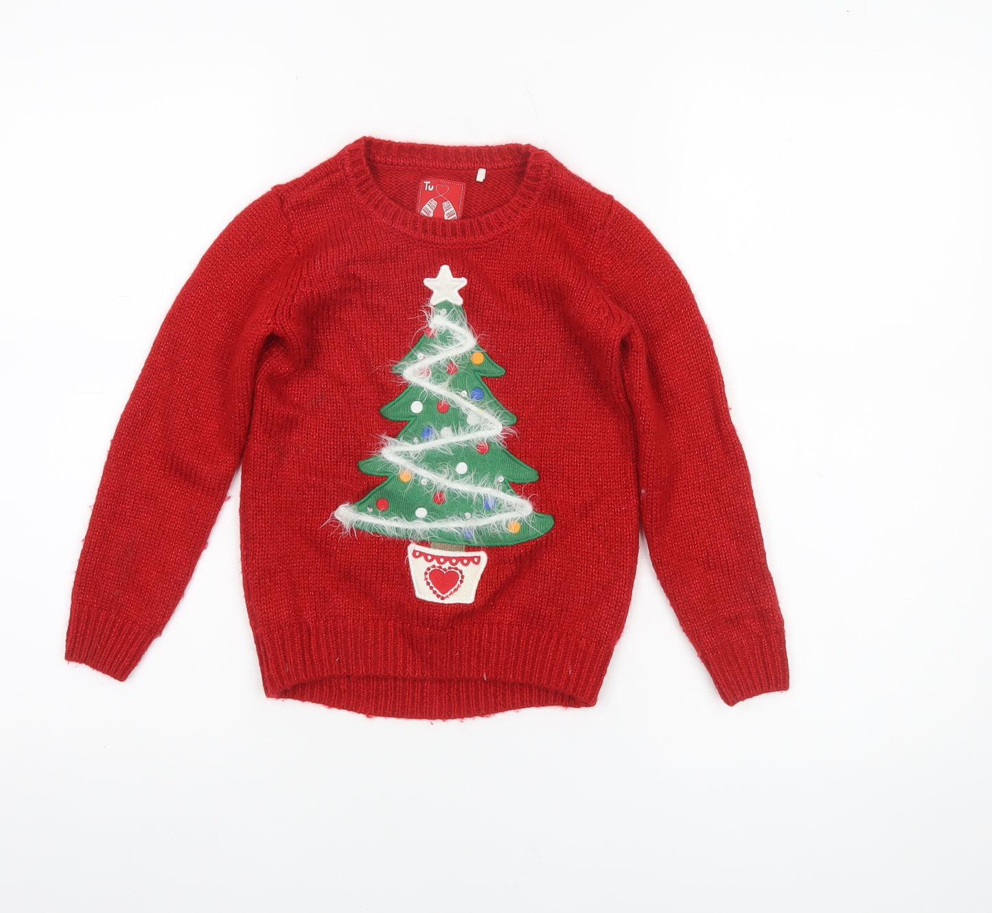 Tu Girls Red Christmas Tree Jumper 6 Years Acrylic Blend