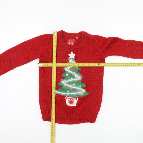 Tu Girls Red Christmas Tree Jumper 6 Years Acrylic Blend